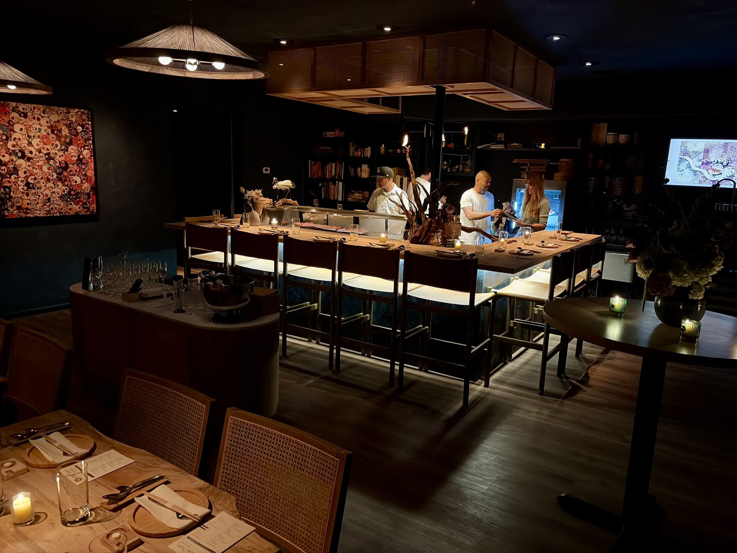 The dim counter and dining room at Kitsu Nori on South Lamar, Austin